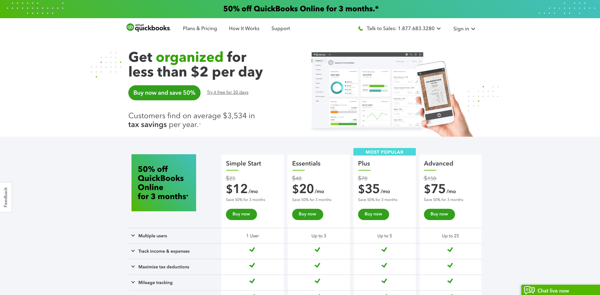 Quickbooks website homepage screenshot