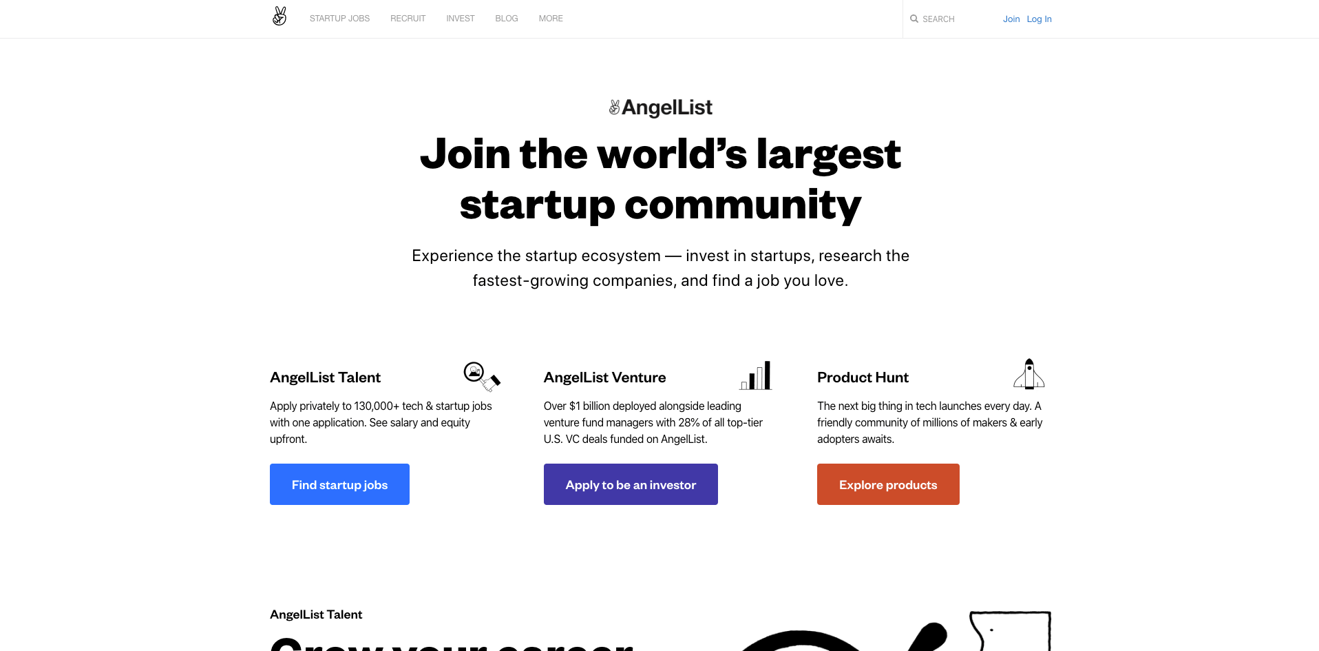 angelList website homepage screenshot