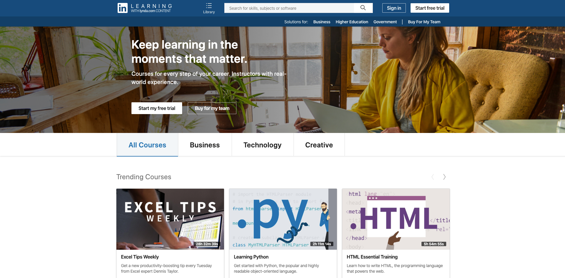 linkedIn learning website homepage screenshot