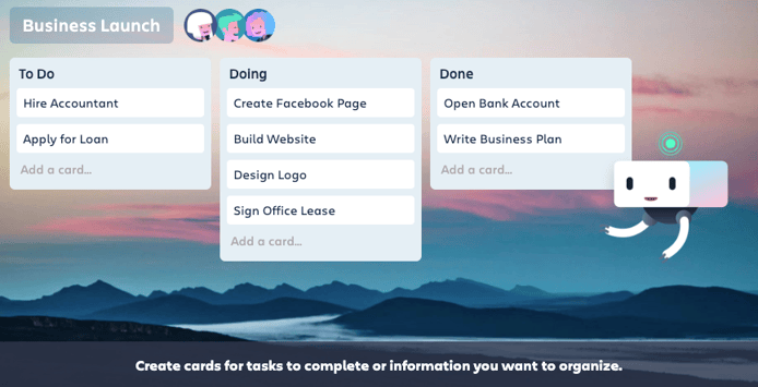 View of a Trello kanban board for a business launch plan