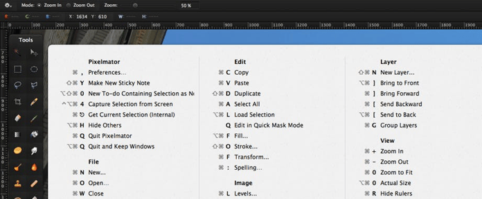 View of cheatsheet which features many shortcuts for Macs