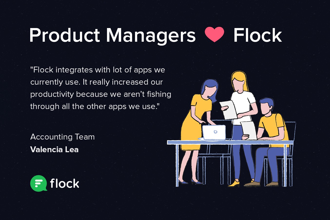 Graphic: Product Managers heart Flock. Featuring a testimonial from a Flock user.