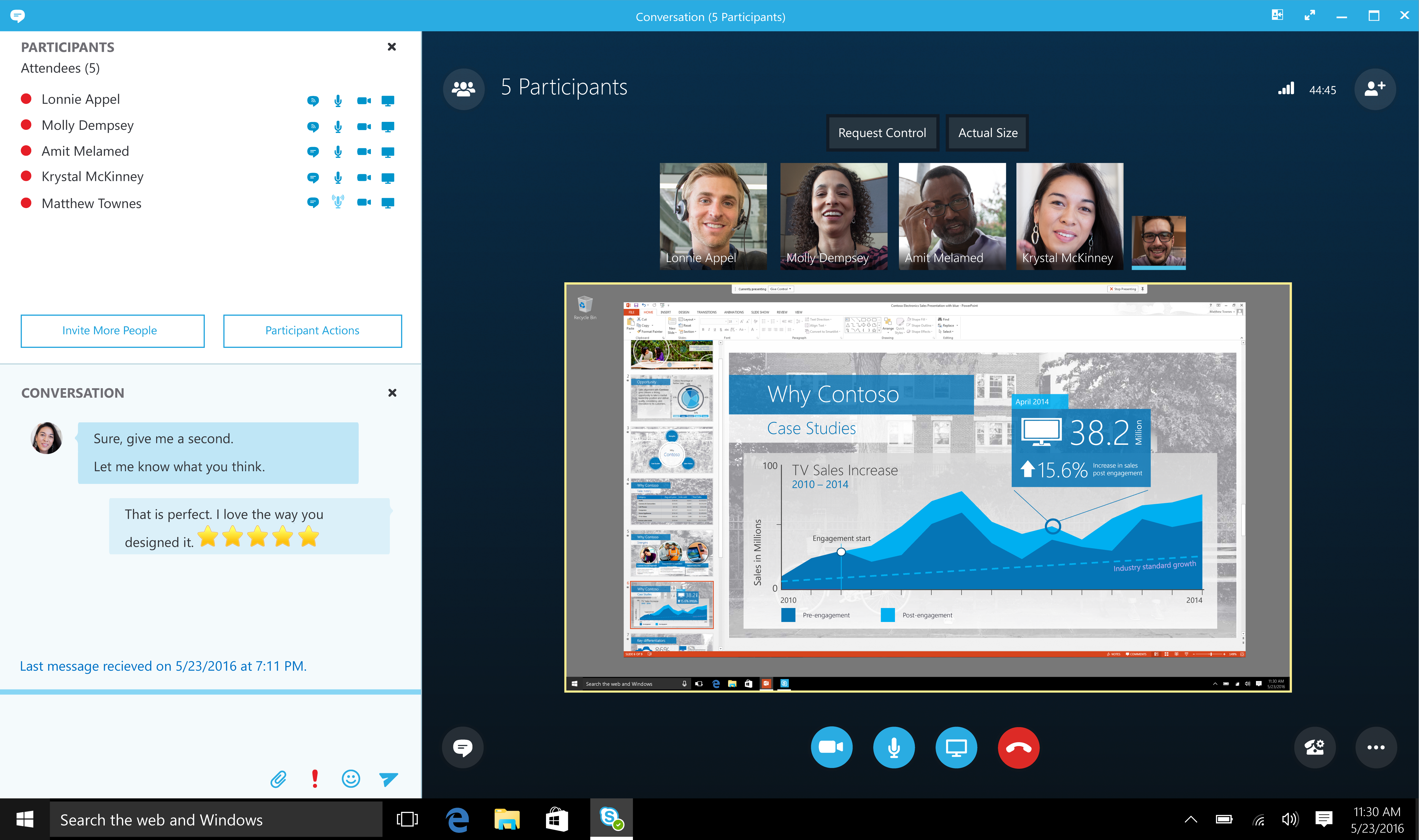 A screen view of a Skype video call with 5 participants and a screen sharing feature