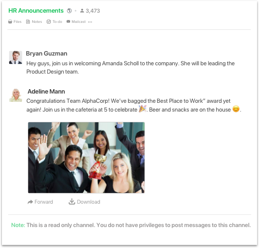 An "HR Announcements" channel on Flock