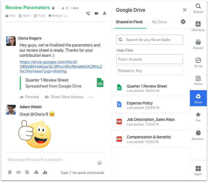 Flock's Google Drive integration