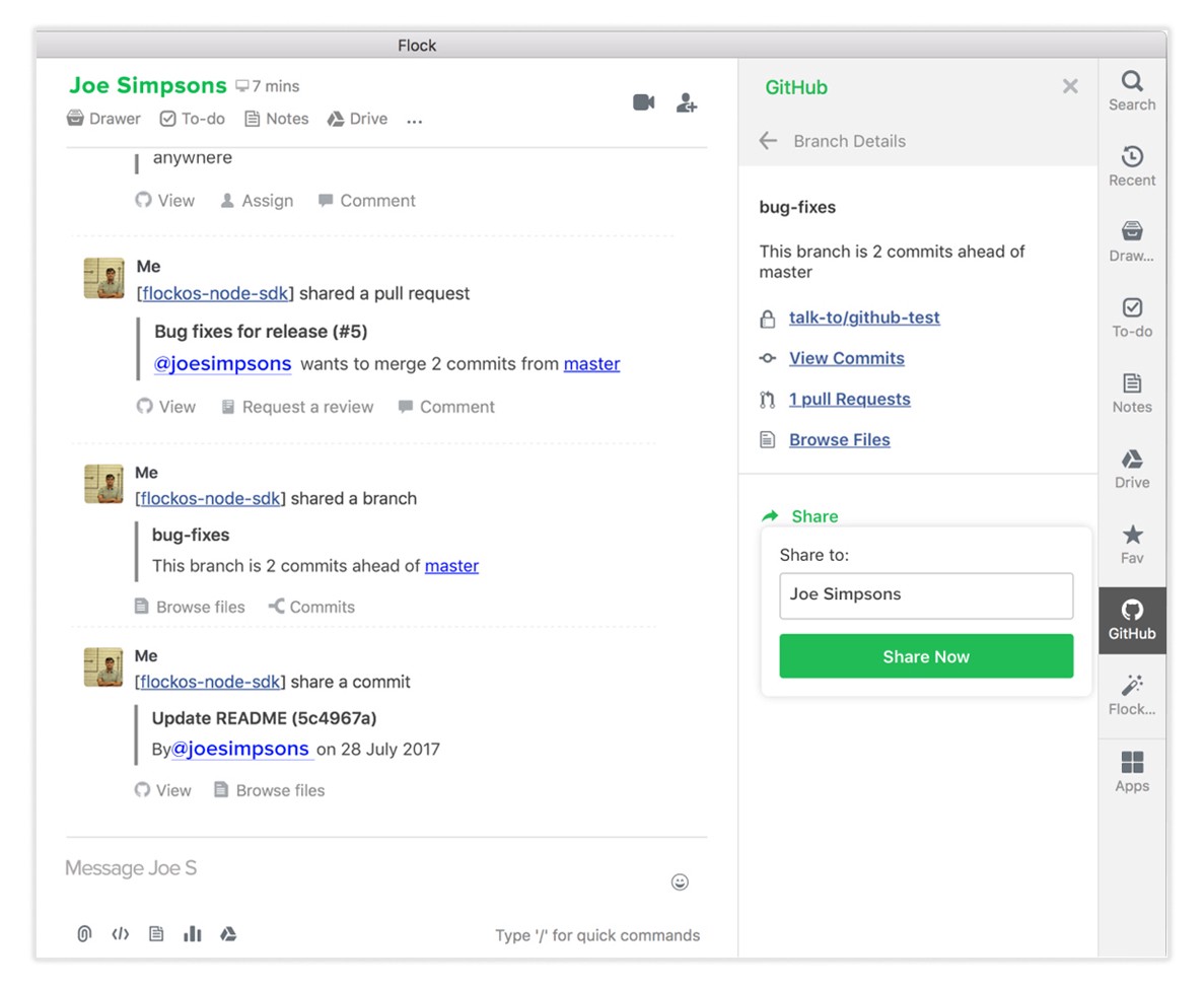 Screenshot: Github integration in Flock's sidebar